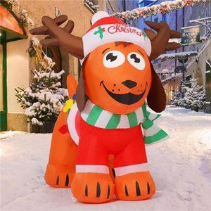4FT Christmas Dog with Antler Hat, Built-in LEDs Blow Up Yard Decoration